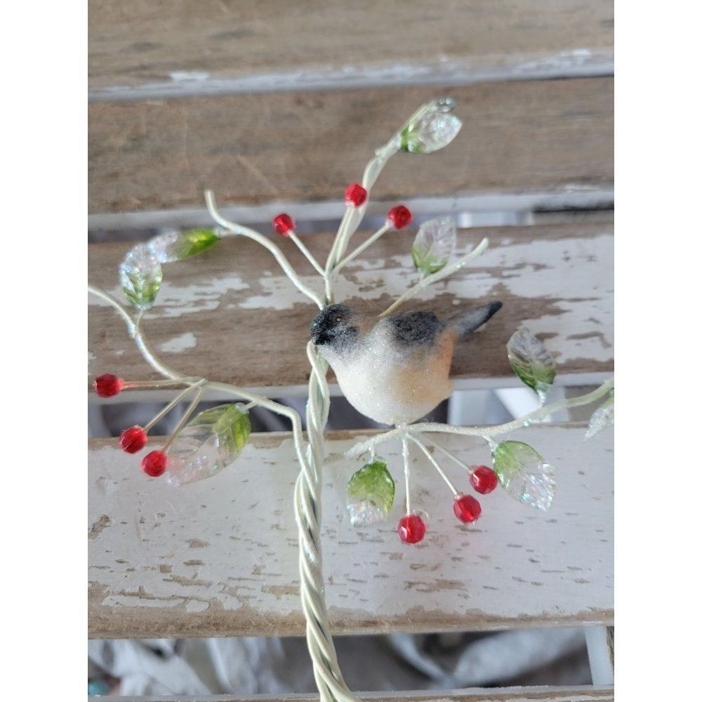 Bird tree ornament glitter beaded metal Xmas tree